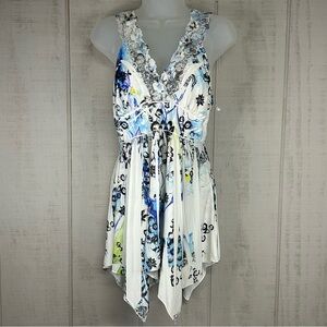 Vintage Y2K Babydoll Tank Top L Cami Floral Lace‎ Asymmetric Hem Fairy Festival